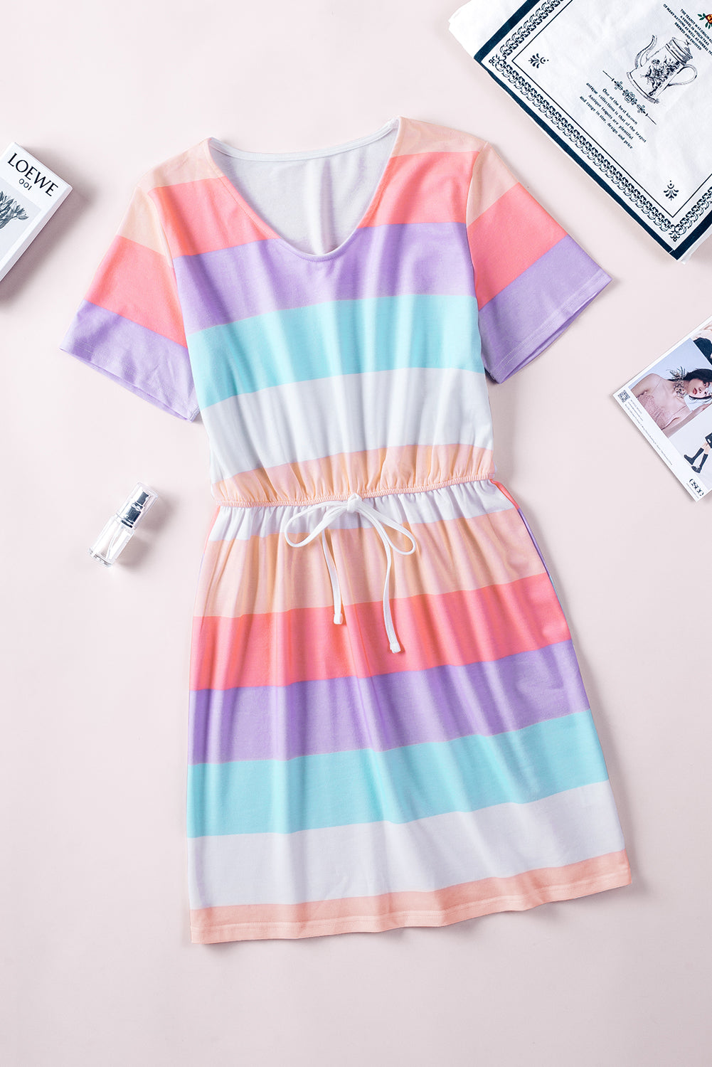 Udressshop Multicolor Striped Drawstring V Neck T Shirt Dress