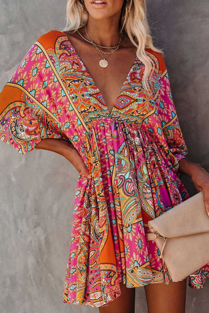 Multicolor V Neck 3/4 Sleeve Bohemian Vintage Print Mini Dress