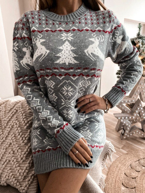 New Christmas Sweater Skinny Sexy Christmas Theme Jacquard Long Sleeve Knitted Dress