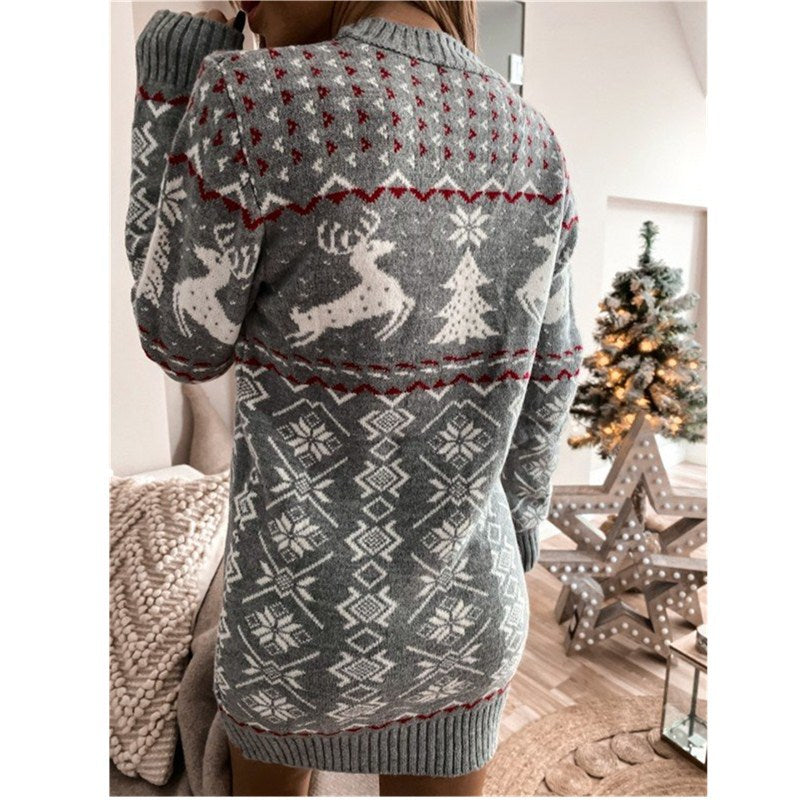 New Christmas Sweater Skinny Sexy Christmas Theme Jacquard Long Sleeve Knitted Dress