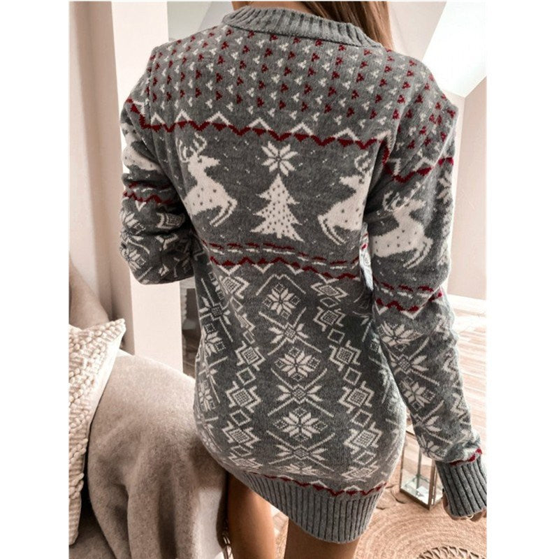 New Christmas Sweater Skinny Sexy Christmas Theme Jacquard Long Sleeve Knitted Dress