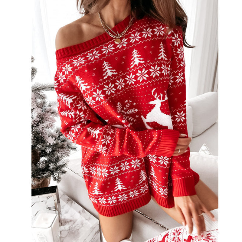 New Knitted Sweater Women's Christmas Jacquard Loose Knit Long Sleeve Dress