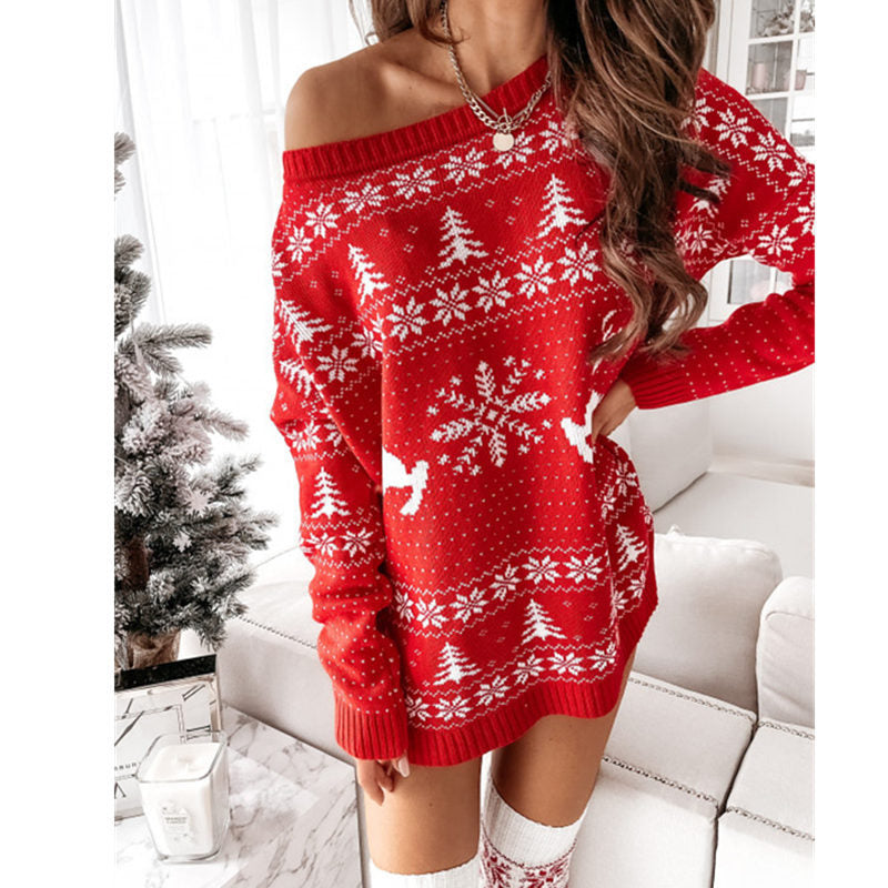 New Knitted Sweater Women's Christmas Jacquard Loose Knit Long Sleeve Dress