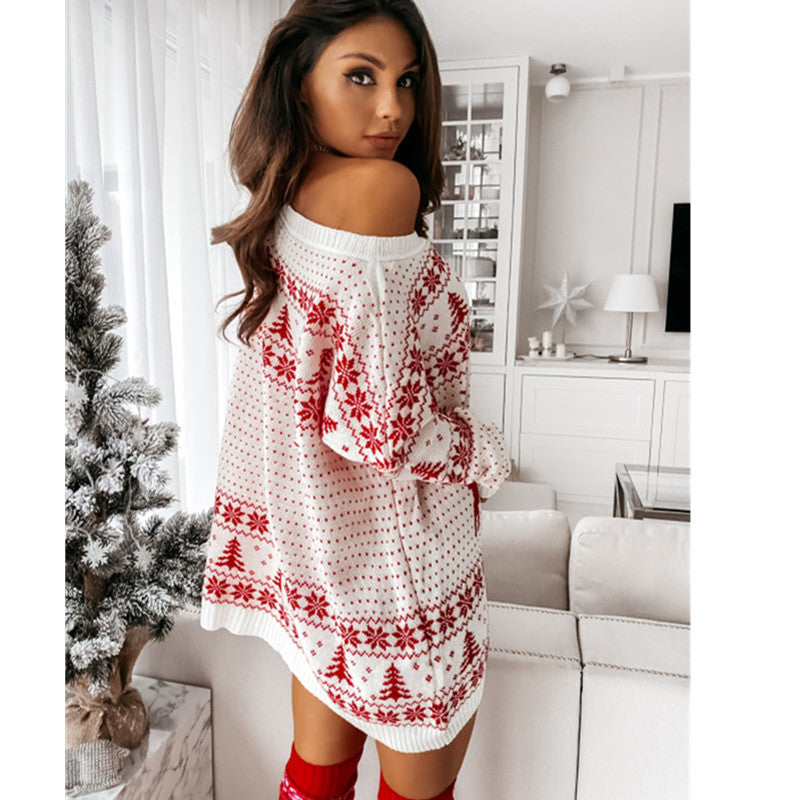 New Knitted Sweater Women's Christmas Jacquard Loose Knit Long Sleeve Dress