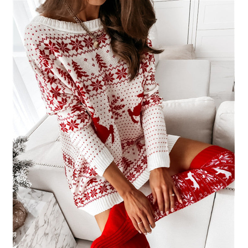 New Knitted Sweater Women's Christmas Jacquard Loose Knit Long Sleeve Dress