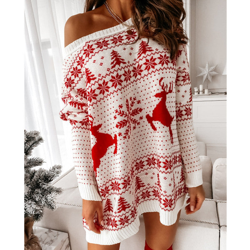 New Knitted Sweater Women's Christmas Jacquard Loose Knit Long Sleeve Dress