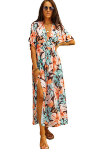 Udressshop Orange Floral Kimono Long Dress with Slit