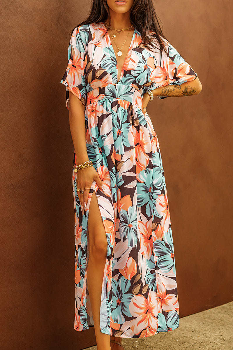 Udressshop Orange Floral Kimono Long Dress with Slit