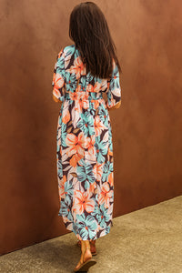 Udressshop Orange Floral Kimono Long Dress with Slit