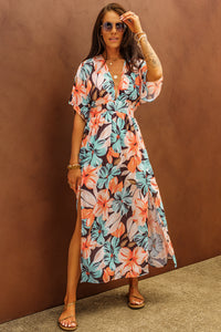 Udressshop Orange Floral Kimono Long Dress with Slit