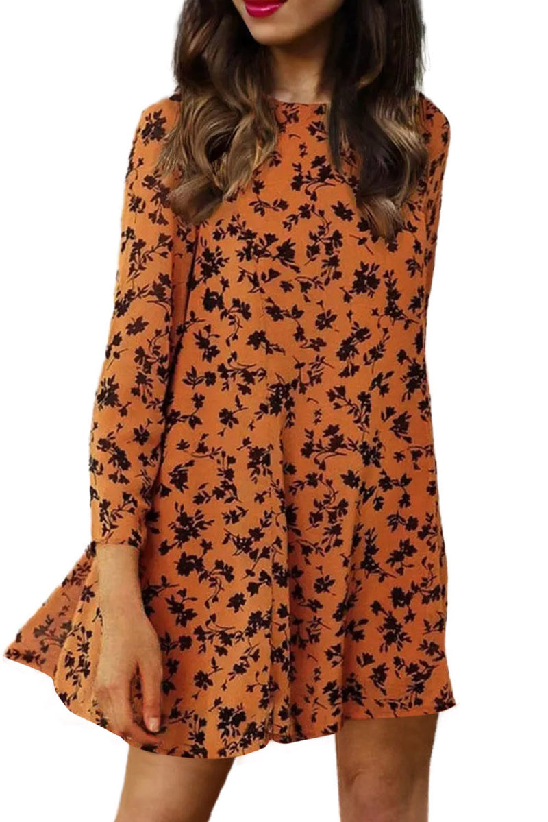 Orange Floral Print O-neck Long Sleeve Women's Mini Dress