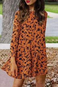 Orange Floral Print O-neck Long Sleeve Women's Mini Dress