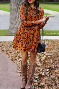 Orange Floral Print O-neck Long Sleeve Women's Mini Dress