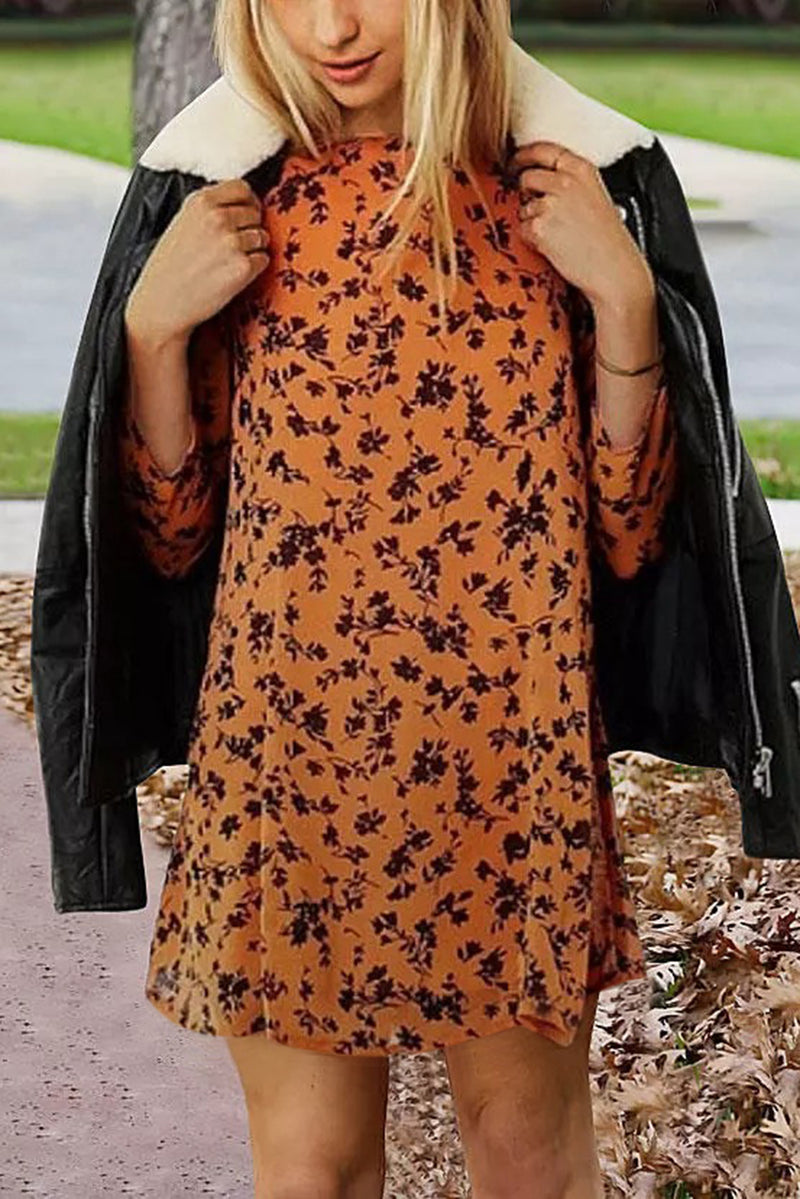 Orange Floral Print O-neck Long Sleeve Women's Mini Dress