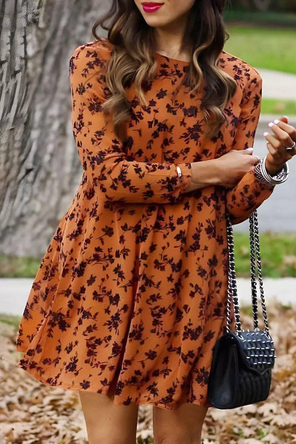 Orange Floral Print O-neck Long Sleeve Women's Mini Dress