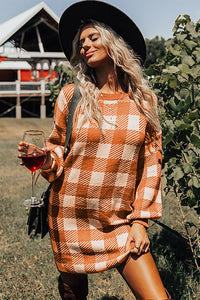 Udressshop Orange Plaid Winter Sweater Dress