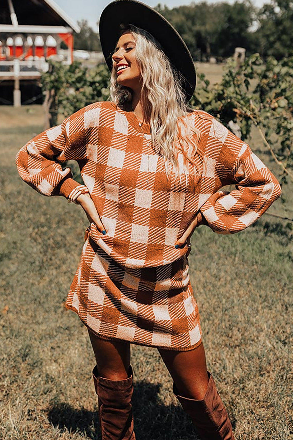 Udressshop Orange Plaid Winter Sweater Dress