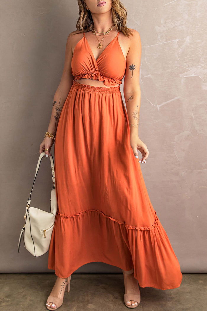 Udressshop Orange Ruffled Cut-out Spaghetti Strap Sleeveless Long Dress