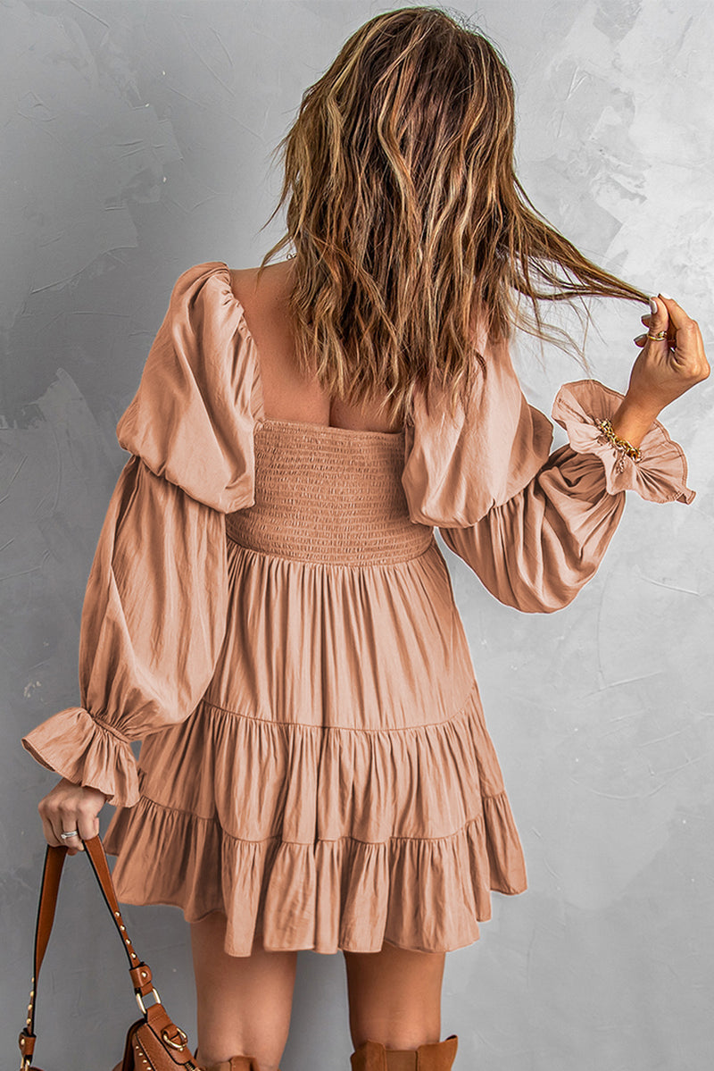 Udressshop Boho Solid Shirred Ruffle Mini Dress