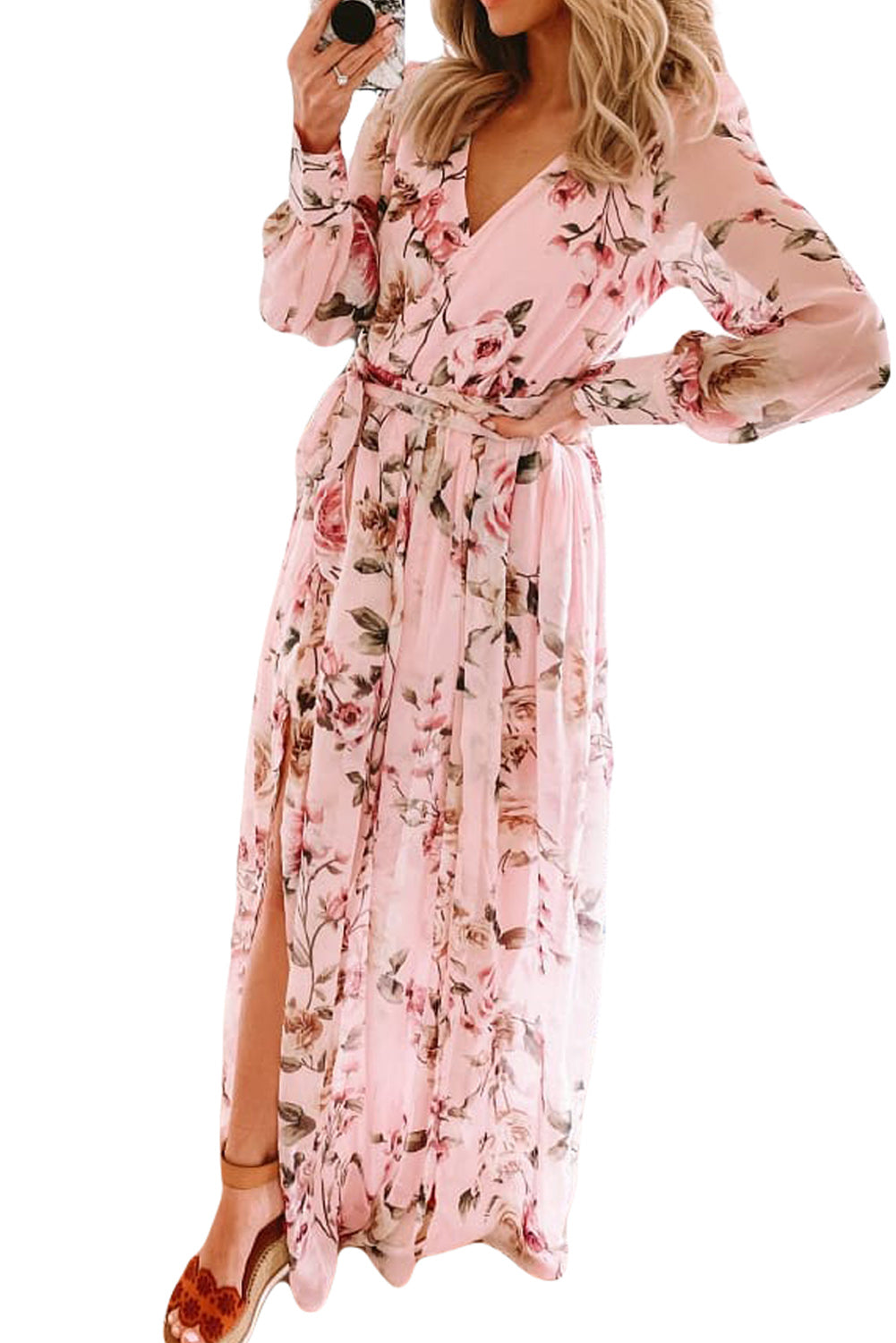 Udressshop Pink Floral Long Sleeve Side Split High Waist Bohemia Maxi Dress