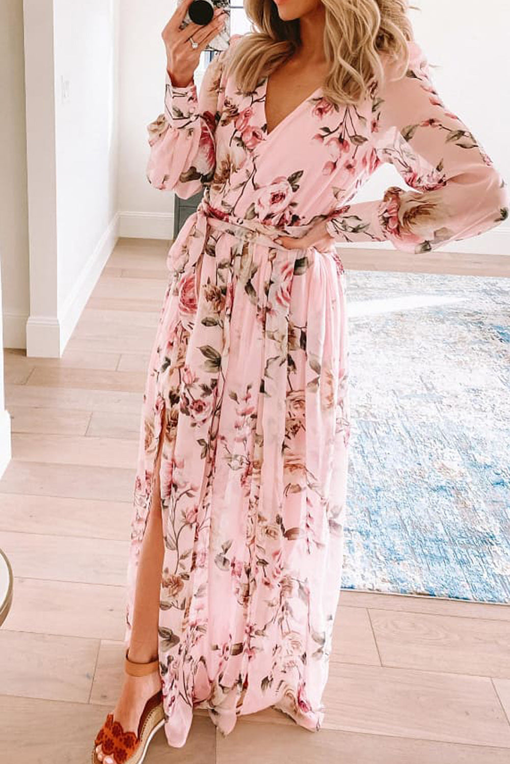 Udressshop Pink Floral Long Sleeve Side Split High Waist Bohemia Maxi Dress