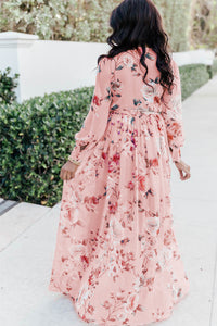 Udressshop Pink Floral Long Sleeve Side Split High Waist Bohemia Maxi Dress