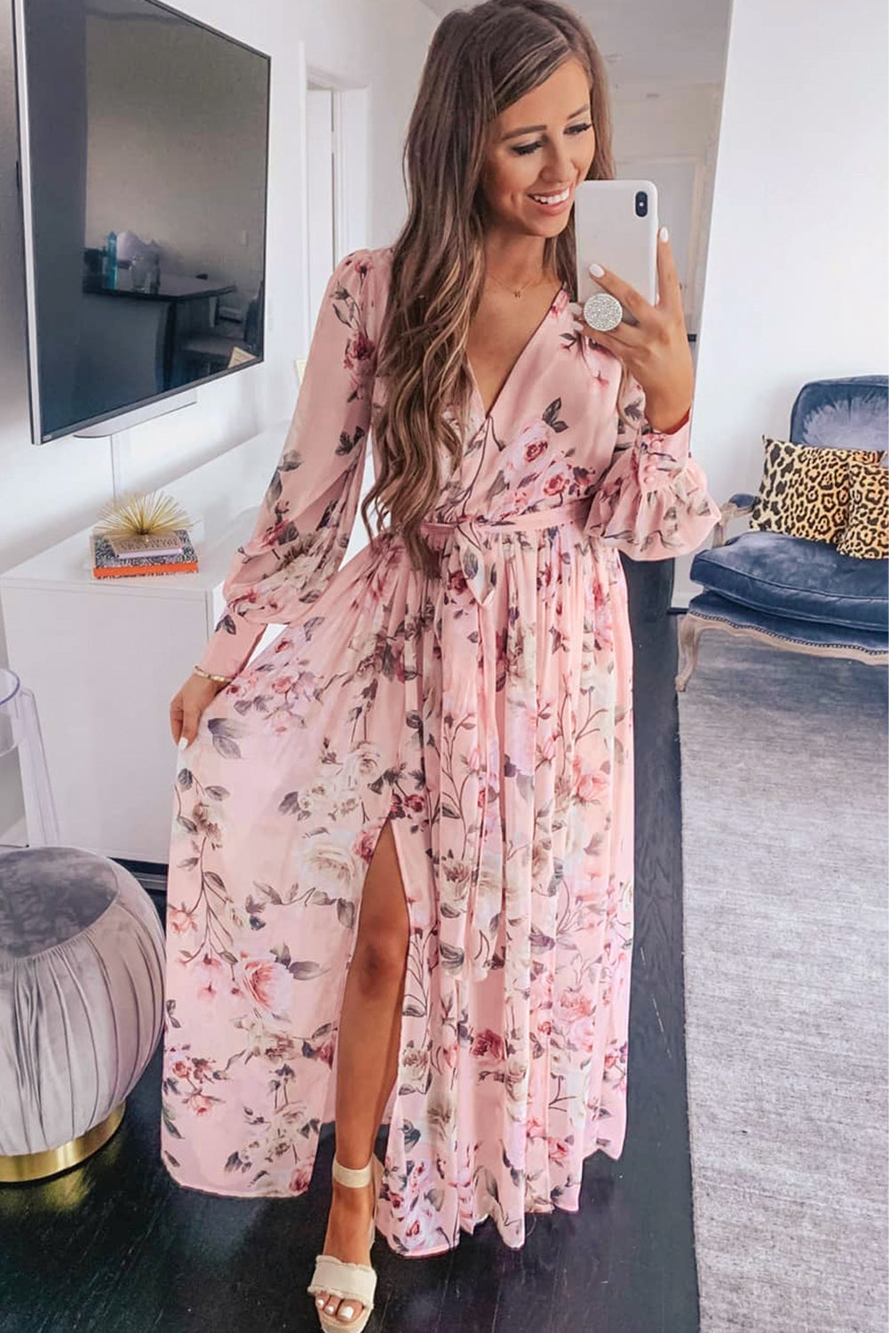 Udressshop Pink Floral Long Sleeve Side Split High Waist Bohemia Maxi Dress