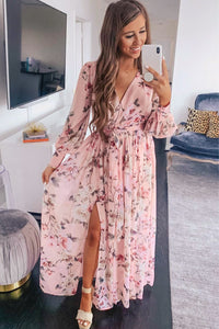 Udressshop Pink Floral Long Sleeve Side Split High Waist Bohemia Maxi Dress