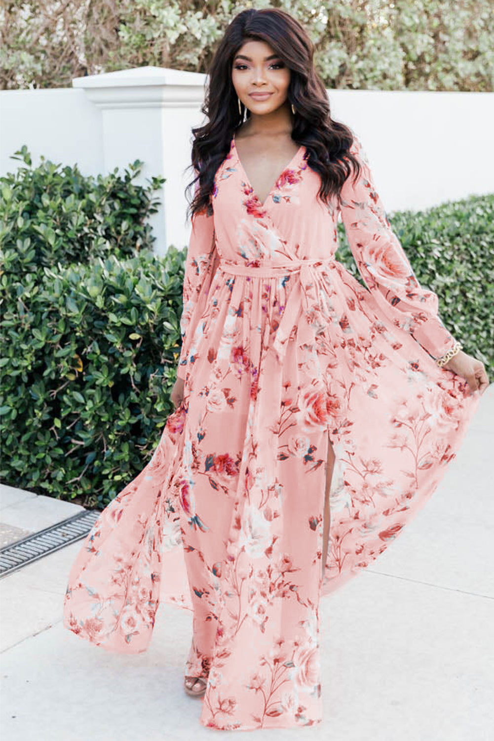 Udressshop Pink Floral Long Sleeve Side Split High Waist Bohemia Maxi Dress