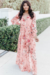 Udressshop Pink Floral Long Sleeve Side Split High Waist Bohemia Maxi Dress