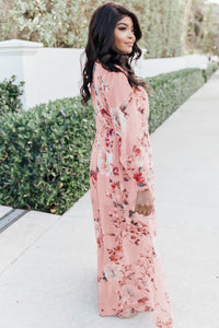 Udressshop Pink Floral Long Sleeve Side Split High Waist Bohemia Maxi Dress