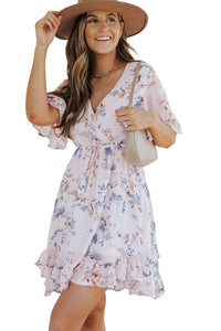 Udressshop Pink Floral Print Flared Sleeve Ruffle Dress