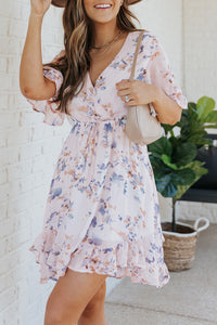 Udressshop Pink Floral Print Flared Sleeve Ruffle Dress