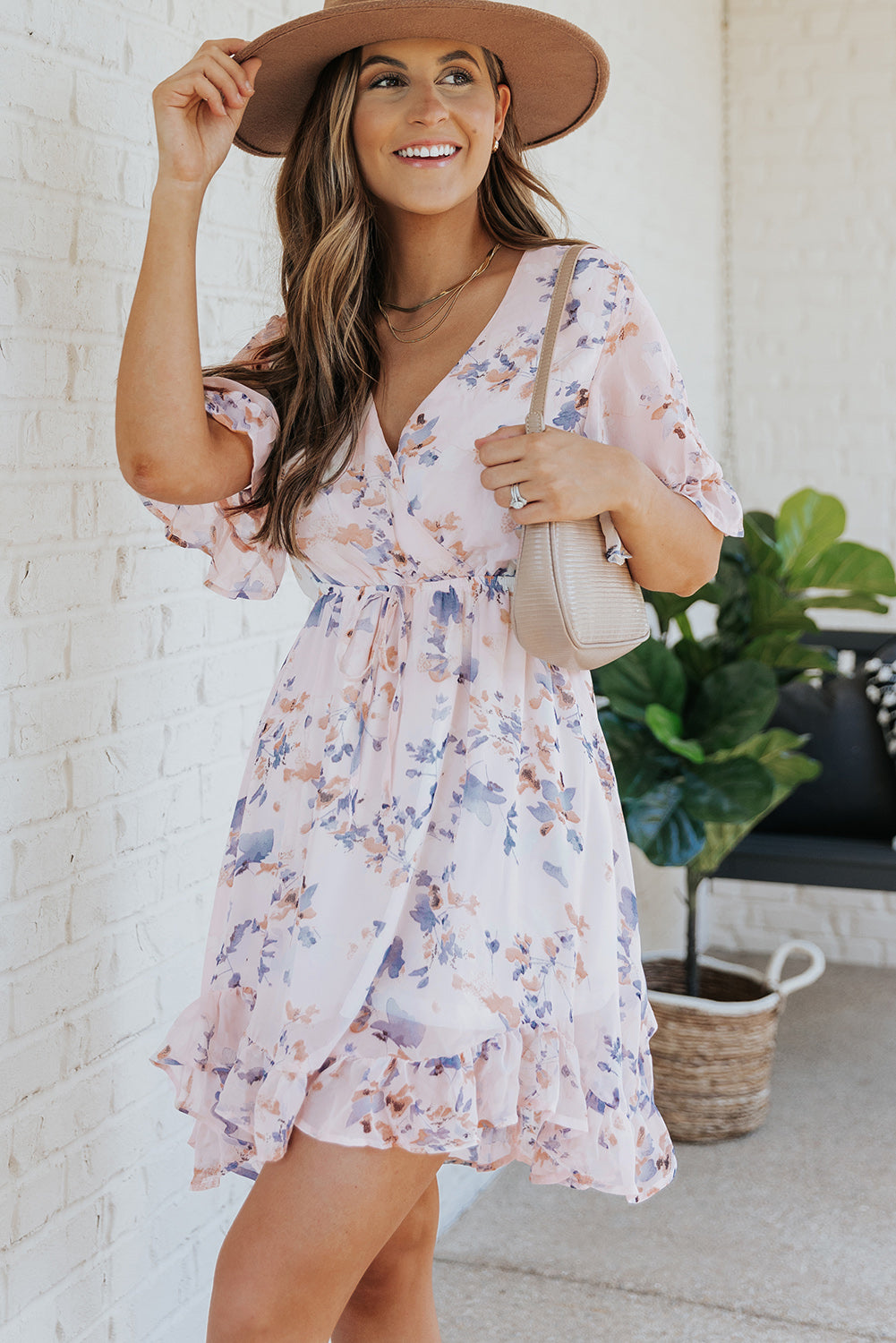 Udressshop Pink Floral Print Flared Sleeve Ruffle Dress