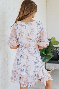 Udressshop Pink Floral Print Flared Sleeve Ruffle Dress