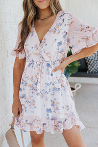 Udressshop Pink Floral Print Flared Sleeve Ruffle Dress