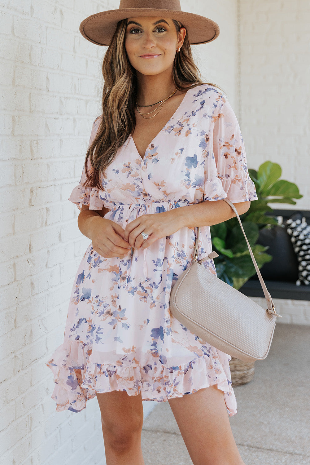 Udressshop Pink Floral Print Flared Sleeve Ruffle Dress