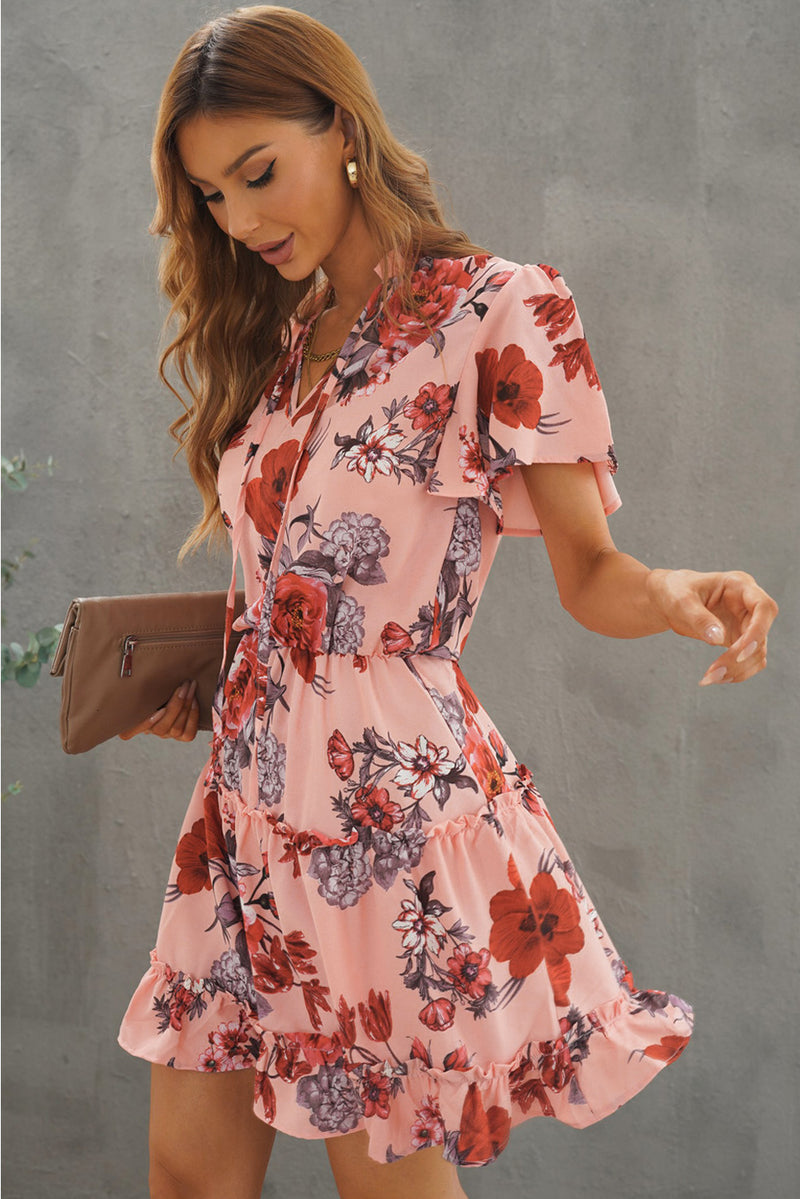 Udressshop Floral Print Split Neck Flutter Sleeve Flowy Tunic Mini Dress