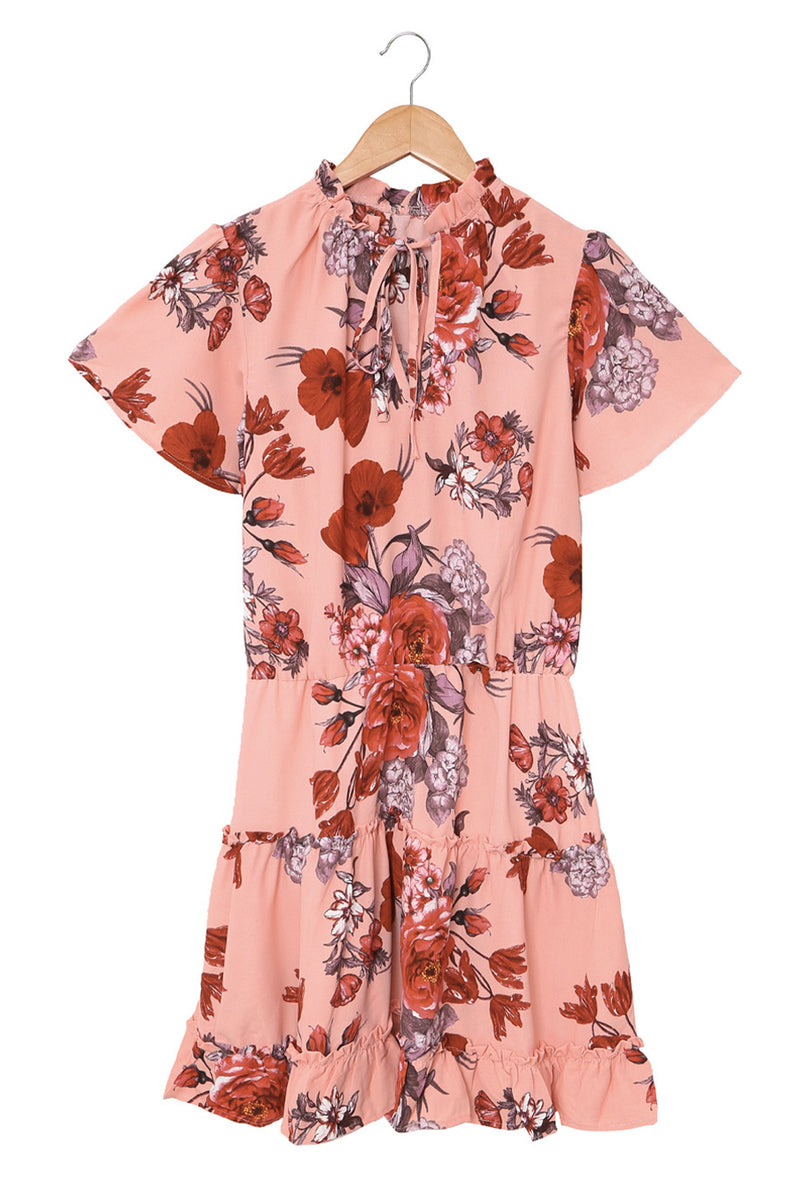 Udressshop Floral Print Split Neck Flutter Sleeve Flowy Tunic Mini Dress