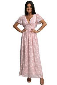 Udressshop Pink Floral Textured V Neck Smocked Maxi Dress