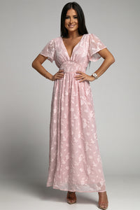 Udressshop Pink Floral Textured V Neck Smocked Maxi Dress