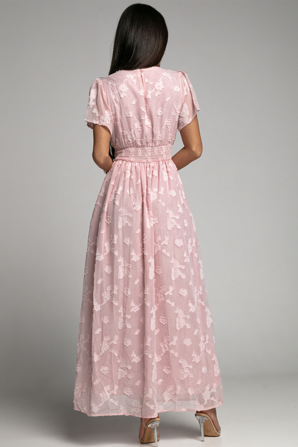 Udressshop Pink Floral Textured V Neck Smocked Maxi Dress