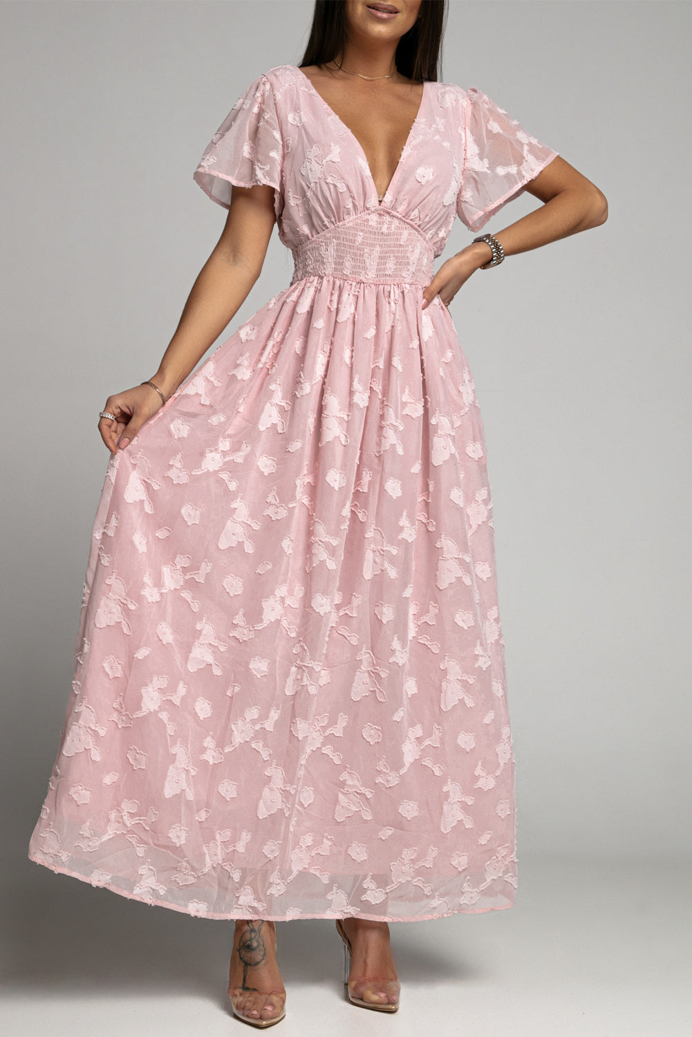 Udressshop Pink Floral Textured V Neck Smocked Maxi Dress