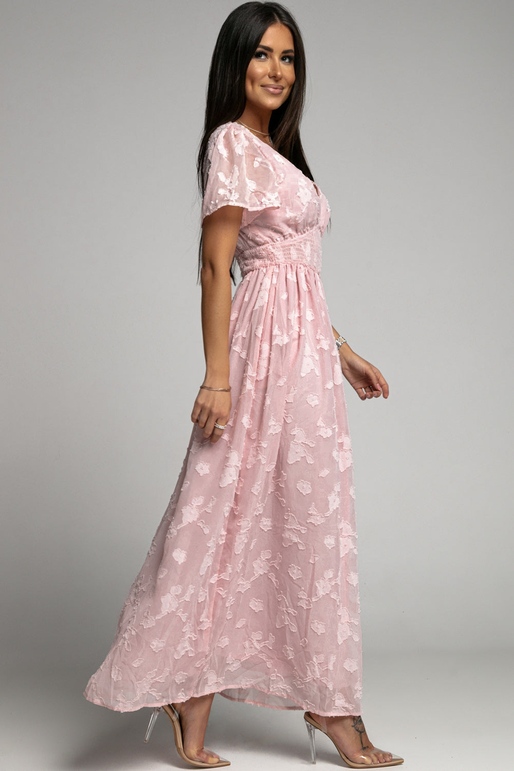 Udressshop Pink Floral Textured V Neck Smocked Maxi Dress