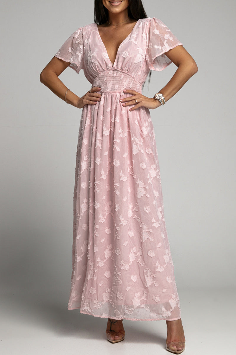 Udressshop Pink Floral Textured V Neck Smocked Maxi Dress