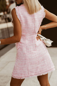 Udressshop Pink Frayed Edge Double Breasted Tweed Vest Dress