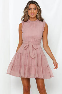 Udressshop Frilled Neck Sleeveless Tiered Tulle Mid Dress