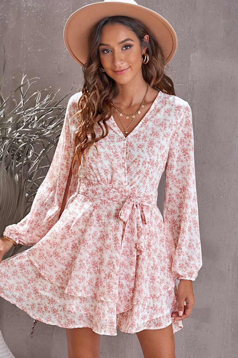 Women's V Neck Baggy Long Sleeve Waist Tie Double Layer Ruffle Hem Dotted Print Short Dress