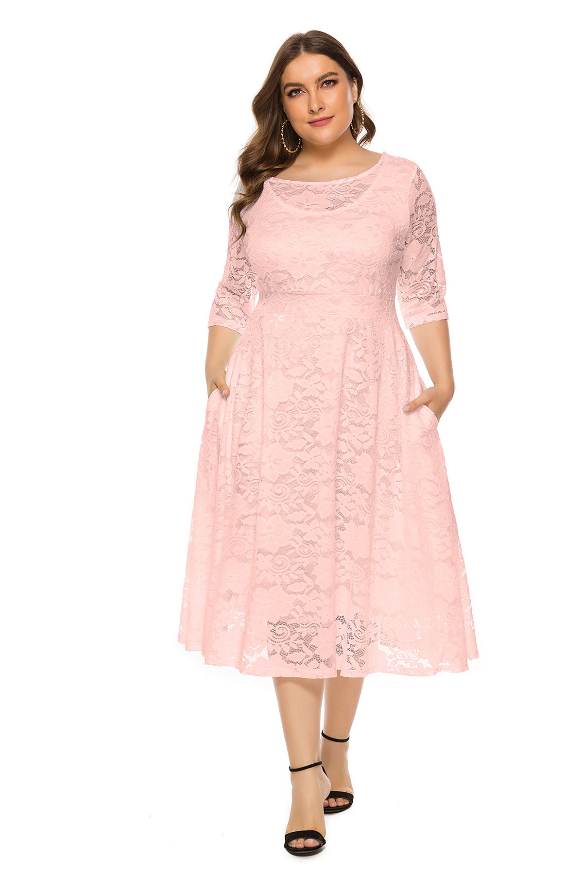 Plus Size Dress Women's Evening Party Cutout Lace Pocket Midi Dress