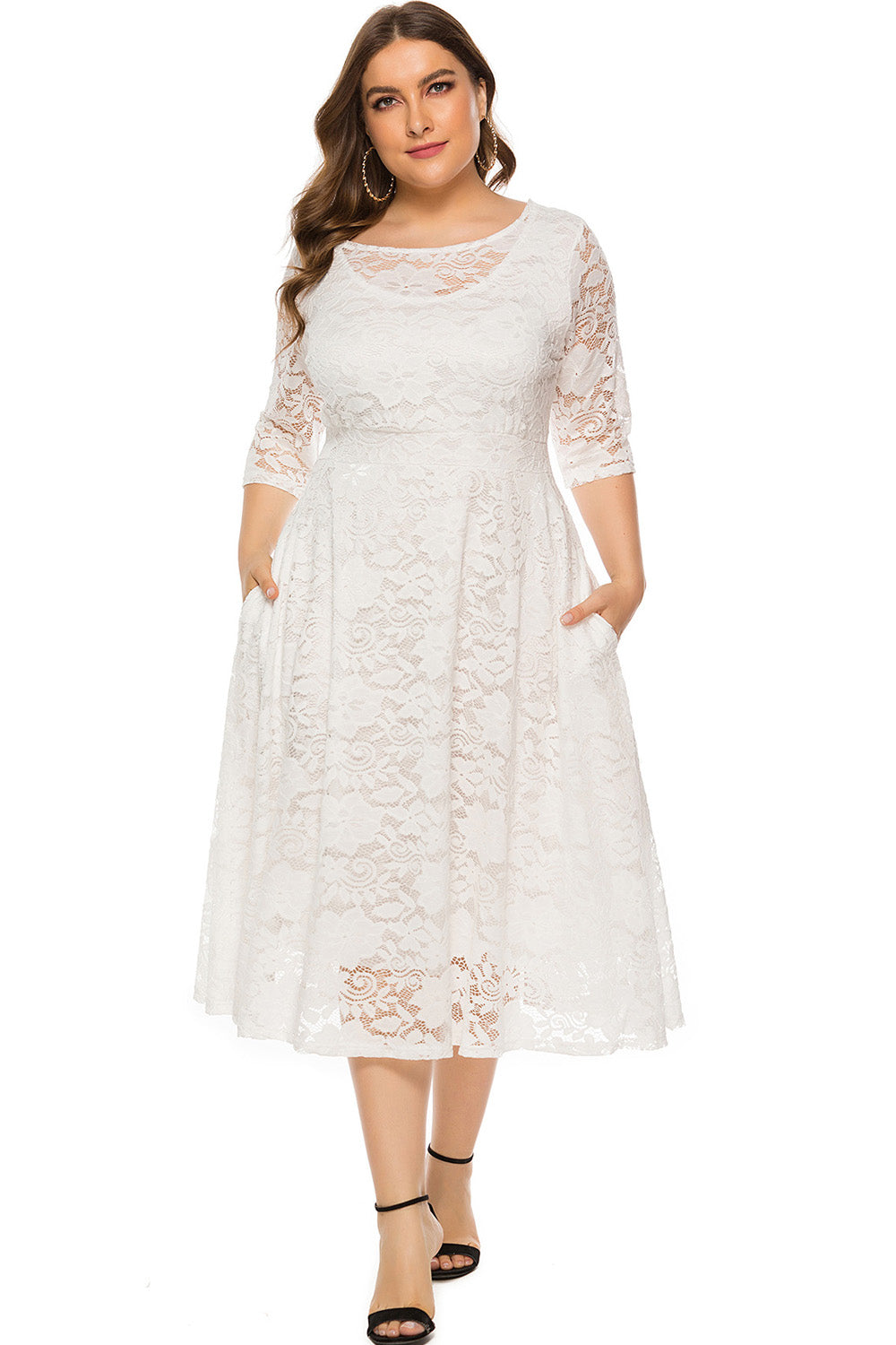 Plus Size Dress Women's Evening Party Cutout Lace Pocket Midi Dress